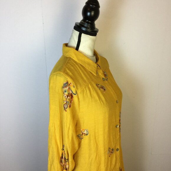 Anthropologie Fig & Flower Top Shirt XL Womans Yellow Embroidered Button Up Boho - Picture 13 of 16